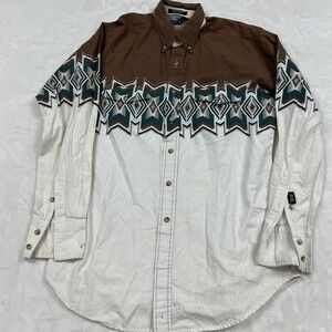 Brooks & Dunn Western Shirt Mens ML White Brown Aztec Print Long Sleeve ButtonUp